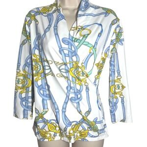 J Mclaughlin White Faux Wrap Blouse Top with Chain Print sz S MINT!